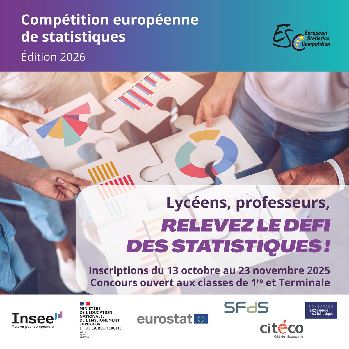 #esc2026stat | Compétition européenne de statistiques  2026
Lycéens, professeurs, relevez le défi des statistiques !
Inscriptions du 13 octobre au 23 novembre 2025.
Concours ouvert aux classes de première et de terminale.
insee.fr/fr/information…