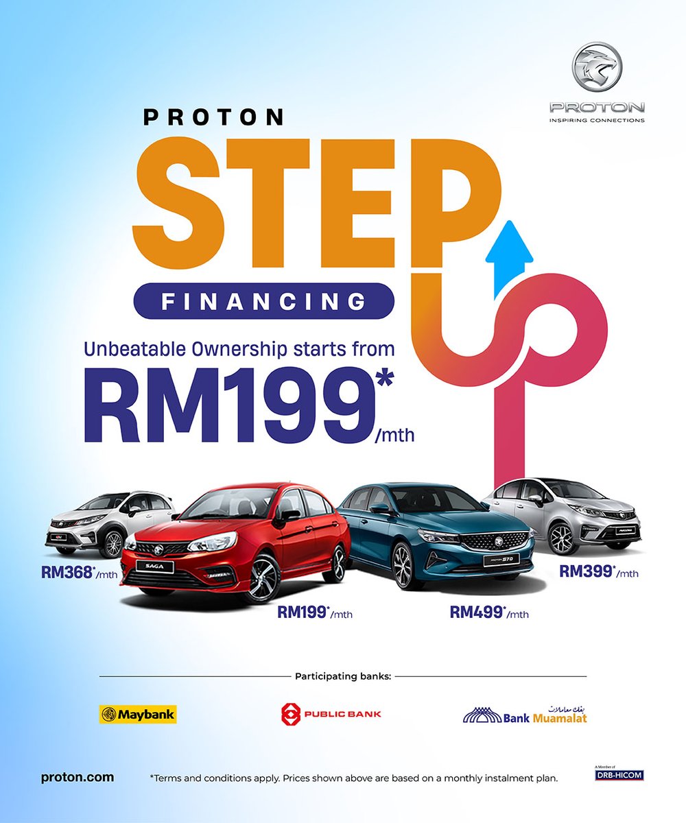 protonboleh's tweet photo. PROTON Step Up Financing — flexible plans
💰 Starting from only RM199/mth*
Choose your model:
✅ Saga – RM199*✅ Iriz – RM368*
✅ Persona – RM399*✅ S70 – RM499*
Enjoy attractive rates &amp; flexible terms from Maybank, Public Bank, or Bank Muamalat.
#proton #prontonpandanindah https://t.co/FX4XIwtstn