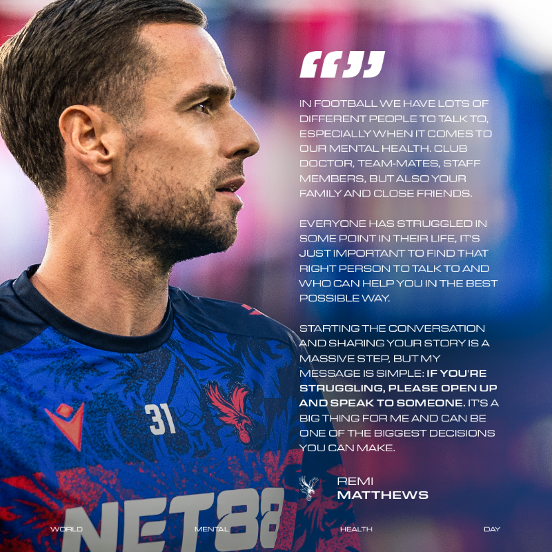 CPFC's tweet photo. If you’re struggling, never be afraid to put your hand up and talk. Take the time to check in on your friends, colleagues and loved ones.

We’re all in this together ❤️💙