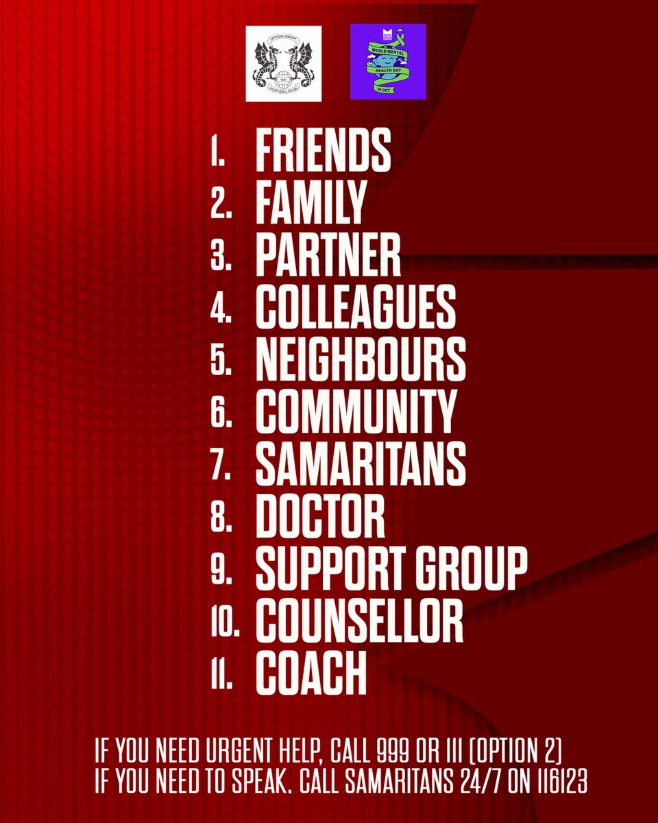 Today is 2025's World Mental Health Day.

Talking is so powerful, and there are always people there to listen.

Please know, you are never alone ❤️

#LOFC #OneOrient | #WorldMentalHealthDay