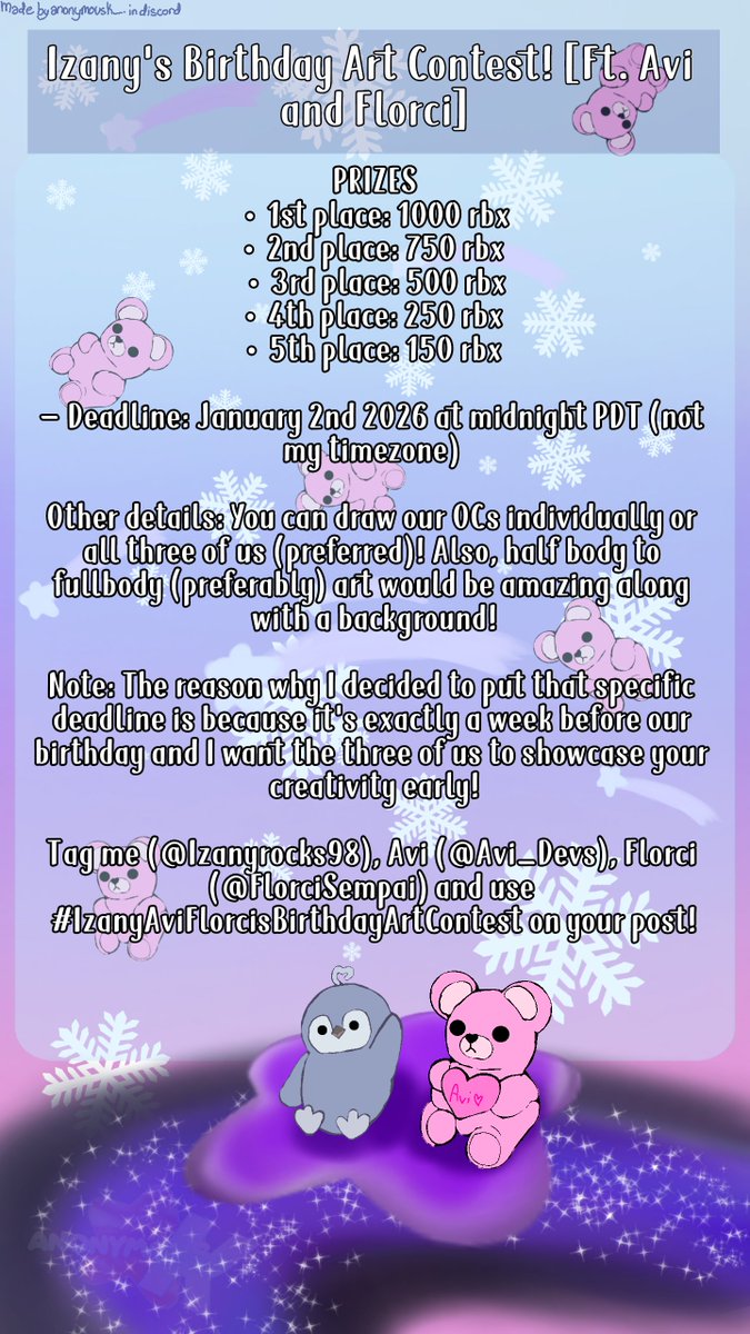 I have a big announcement for you all! 🎉🎂

l'll be hosting my first ever art contest and it's a very special too! 

More details in the image below and references of OCs (not just me only) will be in the thread! 🫶🙌❤️💖💕💞 

#IzanyAviFlorcisBirthdayArtContest #robuxgiveaway