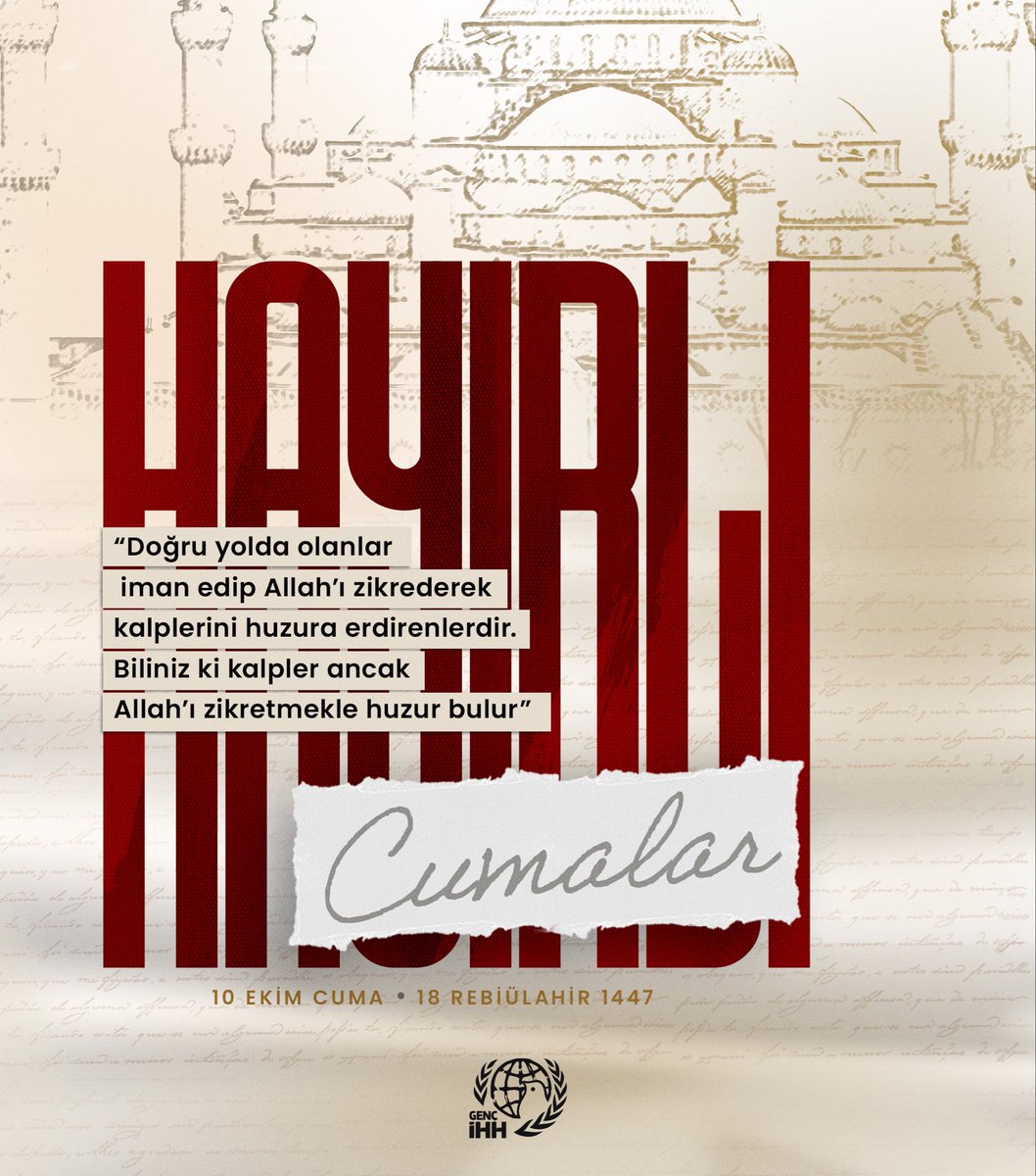 Hayırlı Cumalar 🕌
“Doğru yolda olanlar iman edip Allah’ı zikrederek kalplerini huzura erdirenlerdir. Biliniz ki kalpler ancak Allah’ı zikretmekle huzur bulur.”