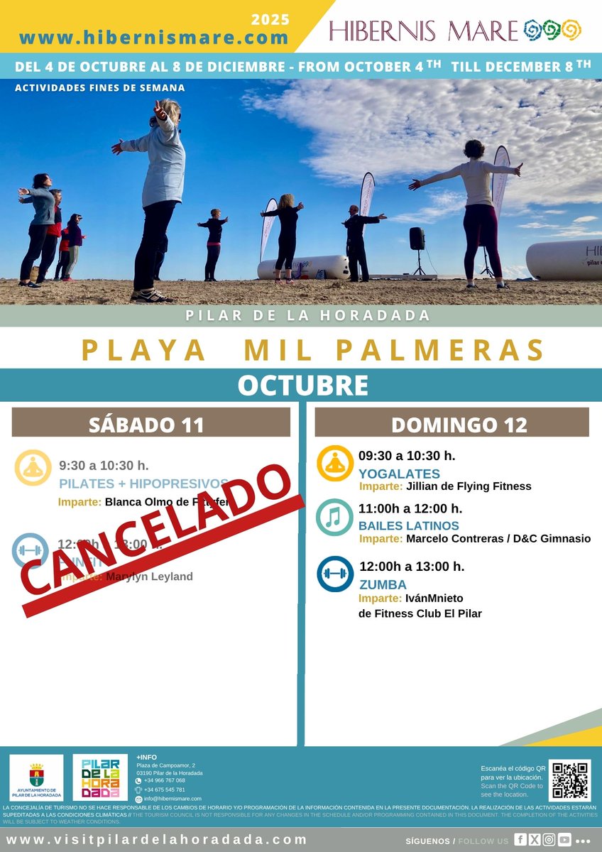 visitphoradada's tweet image. ⚠️ Aviso Hibernis Mare

Por previsión de lluvia 🌧️ mañana, sábado 11/10, se cancelan las actividades en la playa de Mil Palmeras:
❌ Pilates + Hipopresivos 
❌ FunFit 

Atentos a nuestros canales para posibles cambios del domingo 12/10 

#HibernisMare #MilPalmeras #Cancelación