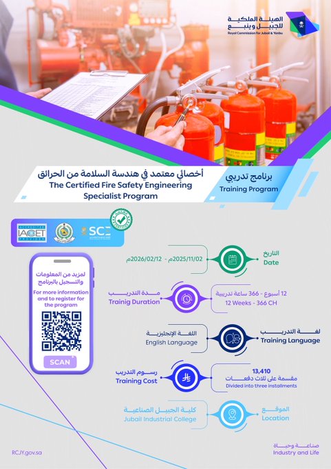 Poster design with purple and blue background featuring multiple red fire extinguishers arranged in a group, overlaid with Arabic and English text announcing the Certified Fire Safety Engineering Specialist Training Program, including SFPE and AFSE certification logos, training details such as 12 weeks duration, 4500 SAR cost, English language, location at Jubail Industrial College, QR code for registration, and contact information.