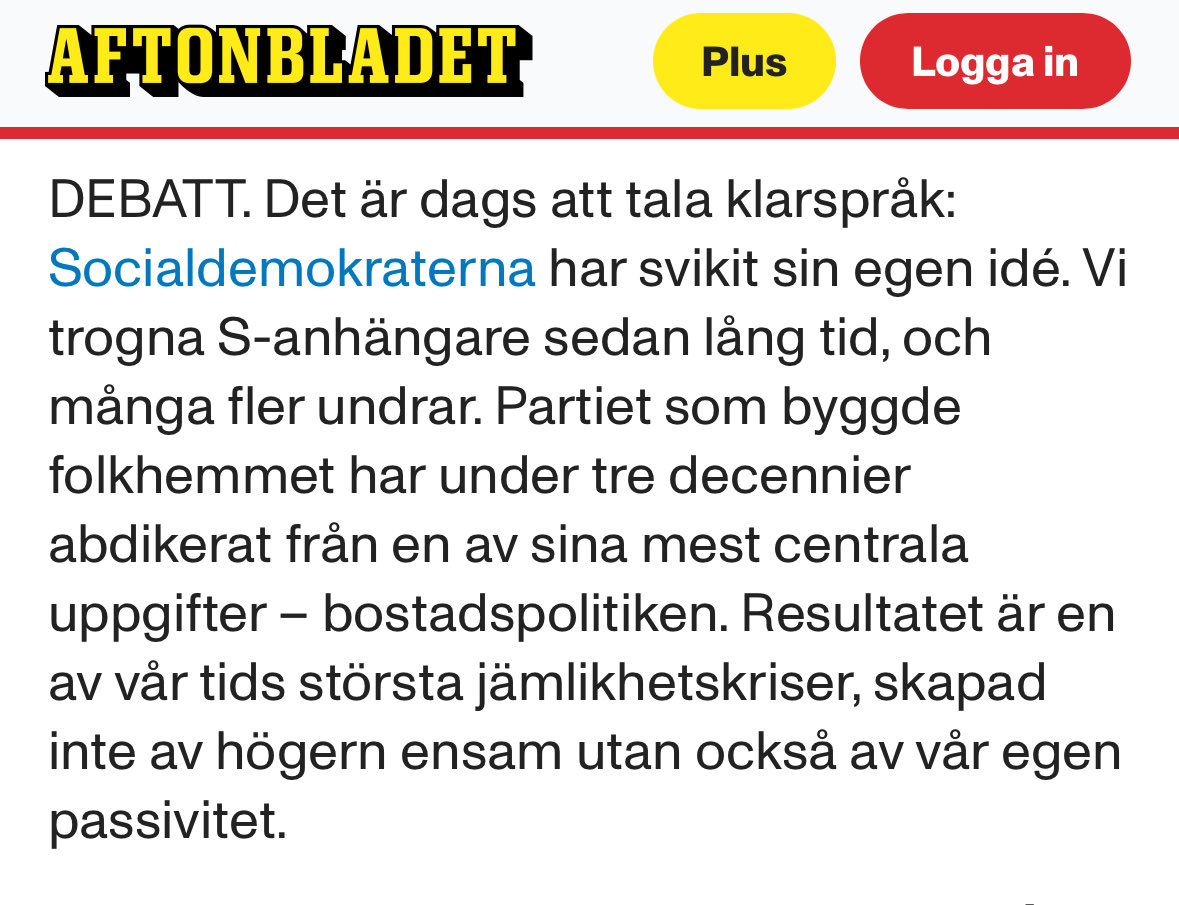 KjellRautio's tweet image. Glädjande att läsa en analys av fyra socialdemokrater, som kräver att partiet ska ta fram en aktiv och jämlikhetsinriktad bostadspolitik. Ord och inga visor. Dessutom bra konkreta förslag…👇🏼
aftonbladet.se/debatt/a/RzJG2…