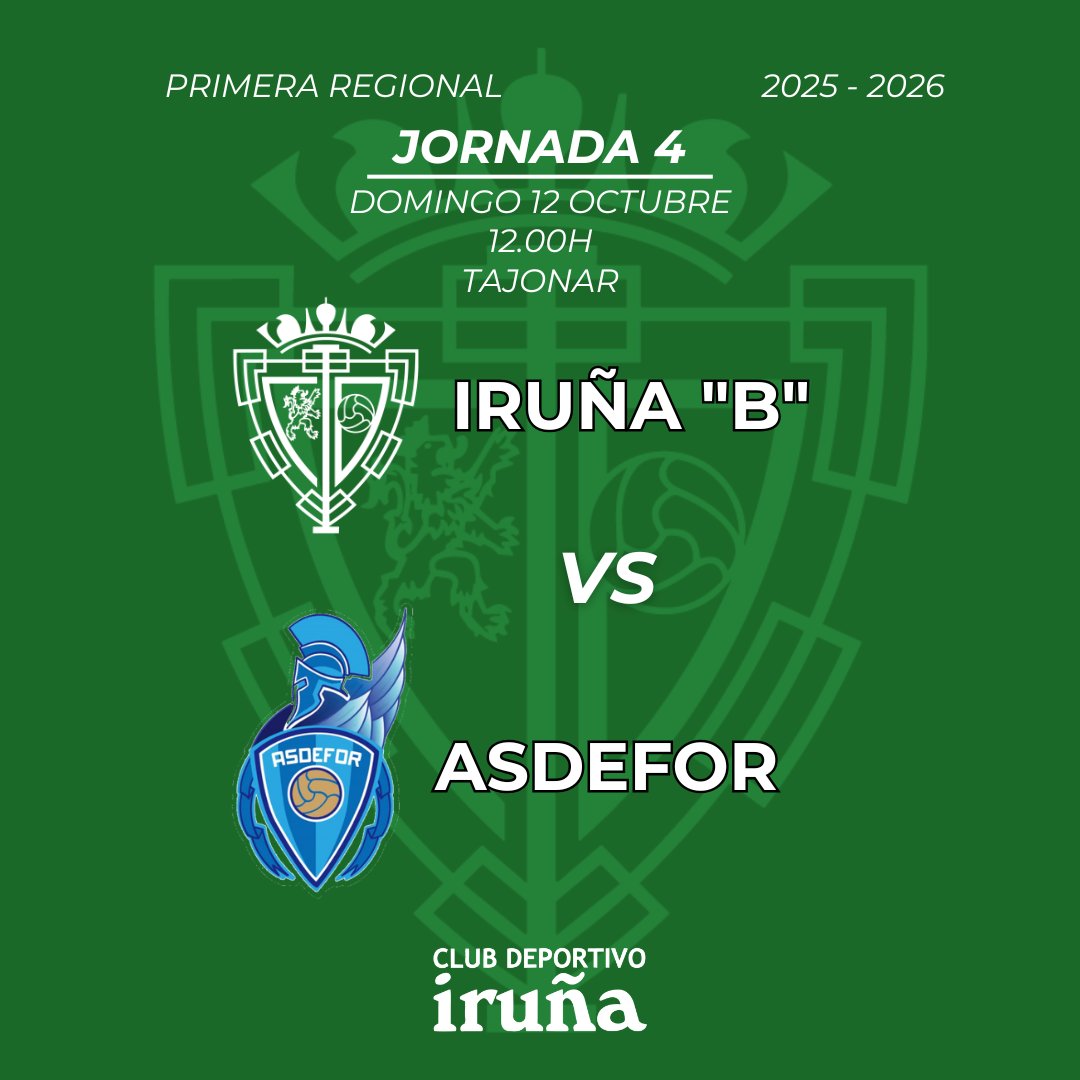 🏆 Jornada 4 #primeraregional 
🆚 <a href="/ASDEFOR_activ/">Actividad deportiva</a>
🗓️ Domingo 12 de octubre 
🕕 12.00h
📍 Tajonar 
💚 #aupairuña 💪🏼#vamosverdes #goazenberdeak