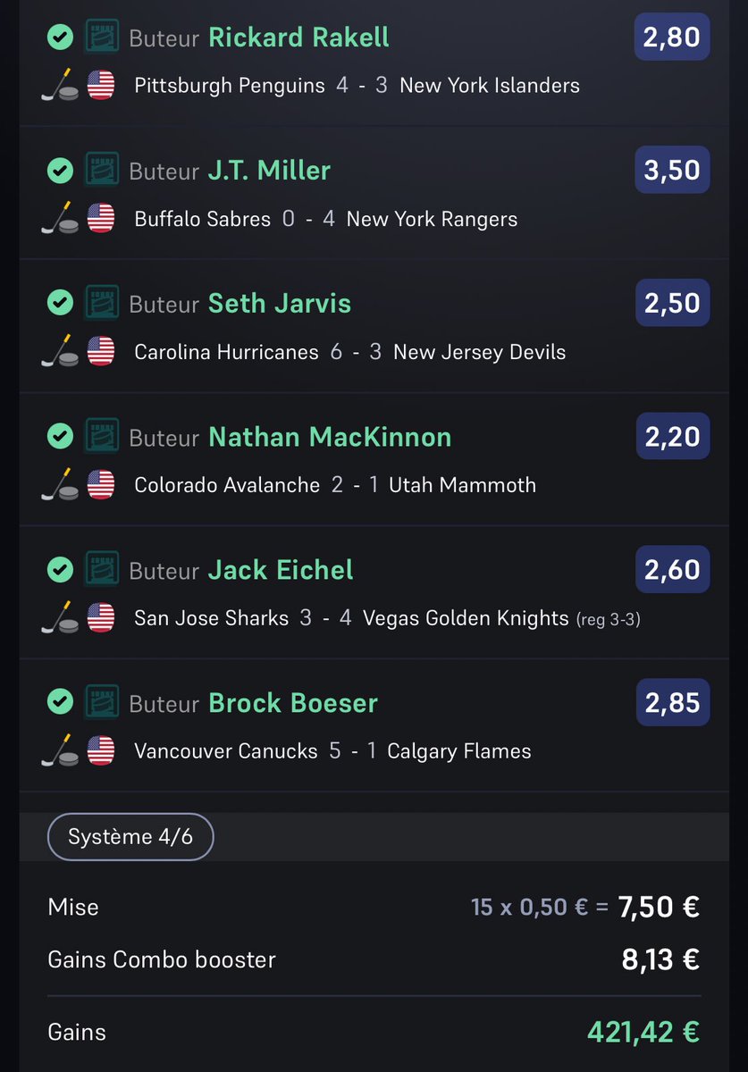CoteEdgePronos's tweet image. Le 1er de la saison !!! 🚀
#TeamParieur #NHL