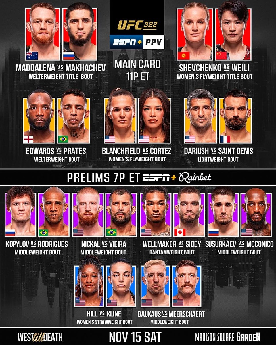 MichelPulp's tweet image. UFC 322☝️
Full Card  🏙
#ufc322 #ufc #islammakhachev #fightingmediaconcept