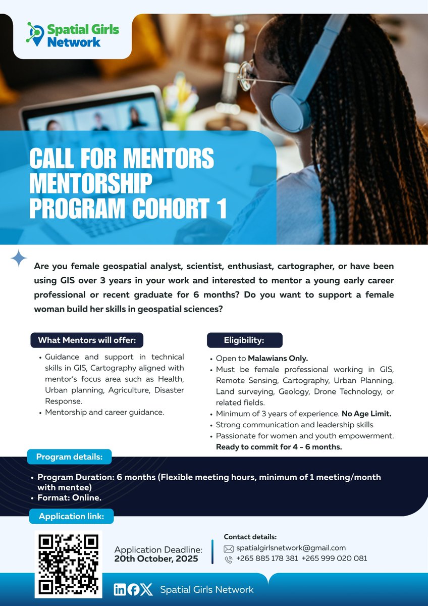 🚨 Mentorship Applications Now Open! 🚨

We’re thrilled to announce the launch of the Spatial Girls Network Mentorship Program designed to empower Malawian girls and young women passionate about leveraging Geospatial Sciences and Technologies for sustainable development! 🌍
