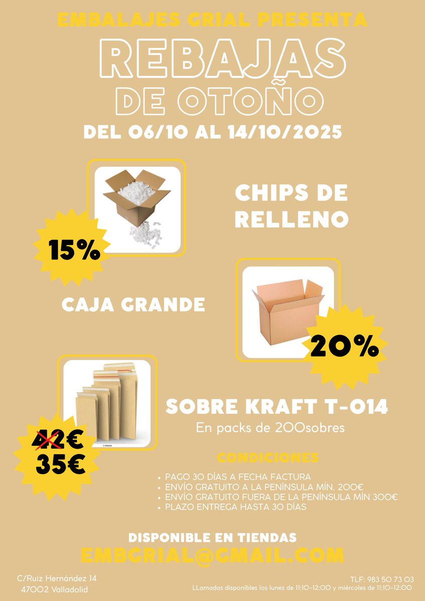 ¡ NUEVAS REBAJAS EN EMBALAJES GRIAL ! 🥳
Para celebrar la llegada del otoño, ofrecemos descuentos en algunos de nuestros productos.
QUE NO SE TE OLVIDE ⚠️‼️