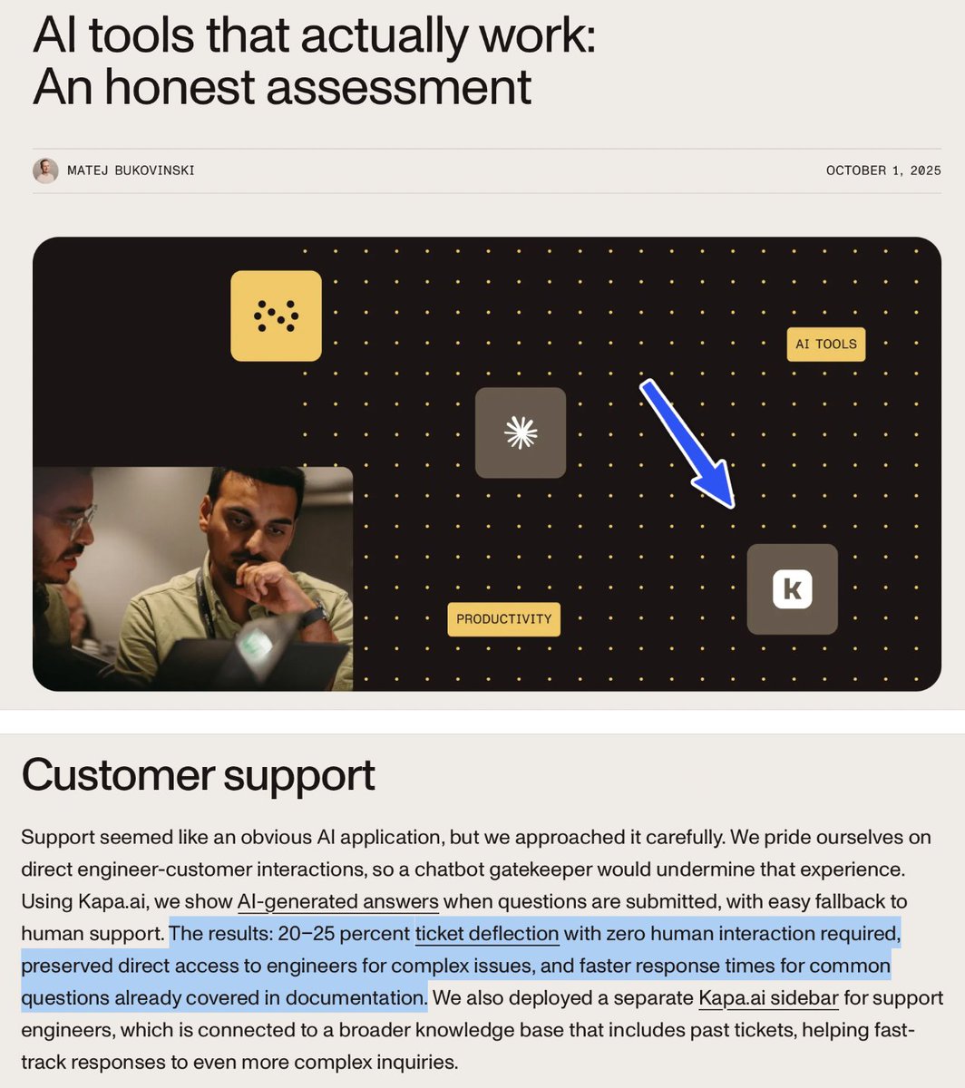 Honored to see kapa included in a write-up of “AI tools that actually work” alongside heavy-hitters like <a href="/AnthropicAI/">Anthropic</a>, Claude Code, and @Notion AI!

This post from @NutrientDocs, a $100m+ startup (and happy <a href="/kapa_ai/">kapa.ai (YC S23)</a> customer) is a great guide for anyone wanting to invest in AI