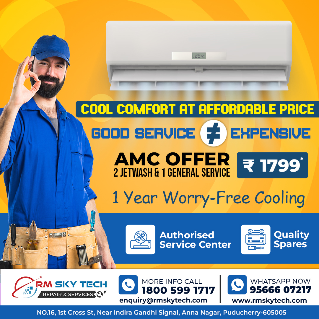 rm_repair_serv's tweet image. AC AMC OFFER: 1 Year Worry-Free Cooling! | 2 Jetwash + 1 General Service for ONLY ₹1,799*| Puducherry
MORE INFO CALL (Toll-Free): 1800 599 1717
WHATSAPP NOW: 95666 07217
Visit Us: Anna Nagar, Puducherry-605005
Website: rmskytech.com #ACAMC #AMCoffer #AuthorisedService