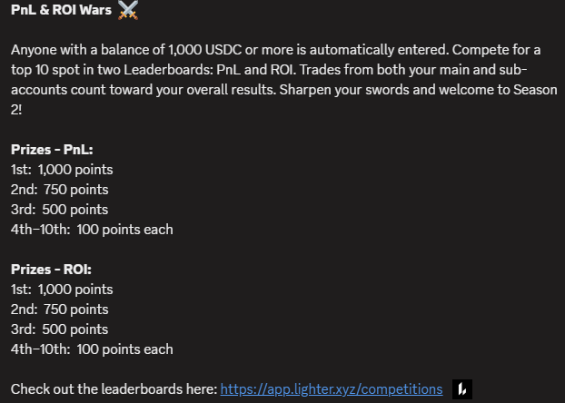 GLighter friends
<a href="/Lighter_xyz/">Lighter</a> Competition!! 🕯️🕯️🕯️
Anyone with a balance of 1,000 USDC or more is automatically entered.

app.lighter.xyz/competitions