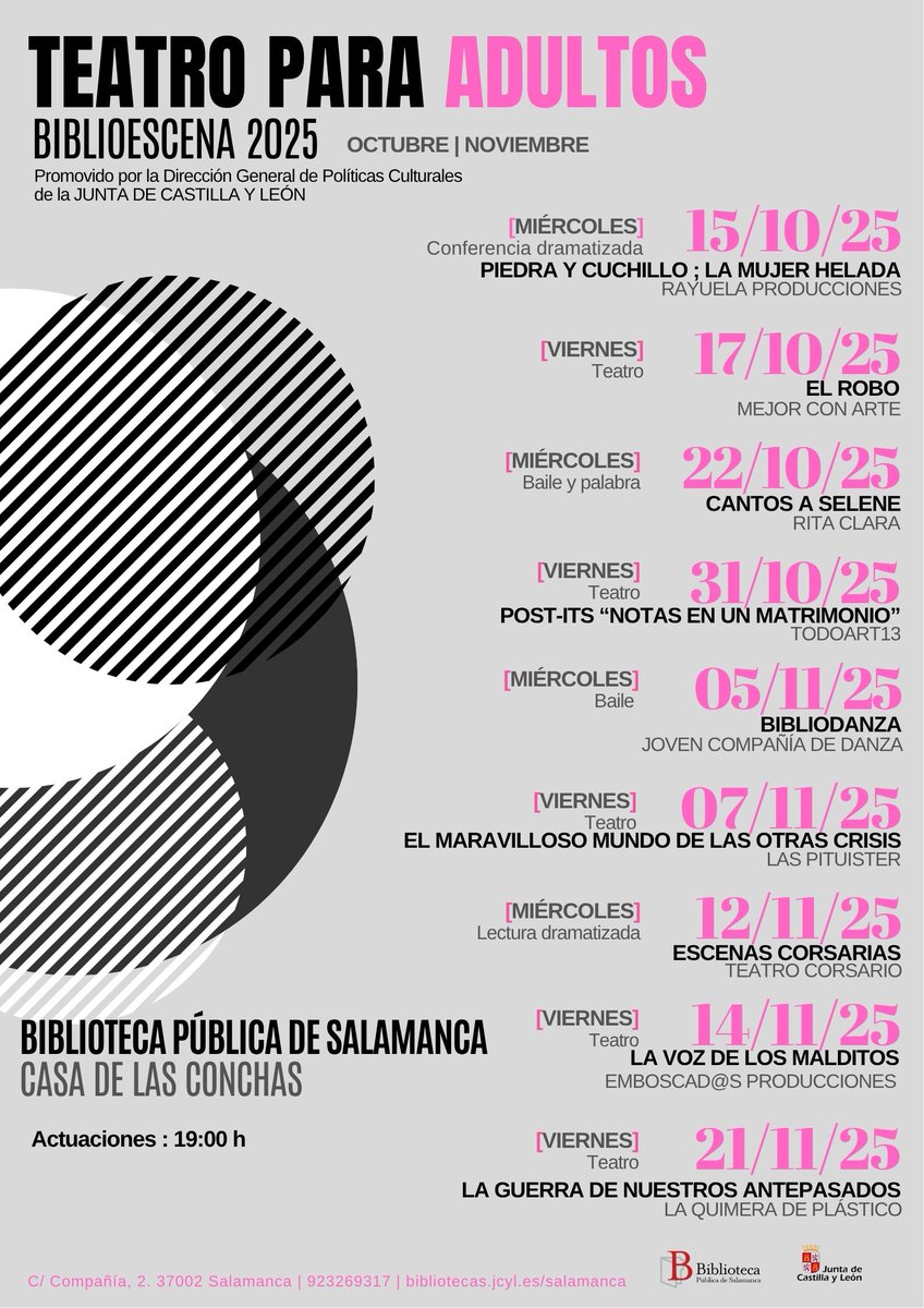 casaconchas's tweet photo. Ayer acabó el ciclo #Biblioescena #paratodoslospublicos, pero ya, la semana que viene sin más espera, comienza el ciclo #Biblioescena #paraadultos.
Aquí la programación, para que os vayáis organizando...
Recordad, este año, las actividades son a las 19 h.
https://t.co/EcMEC3wuqD https://t.co/cYlAqqNFvm