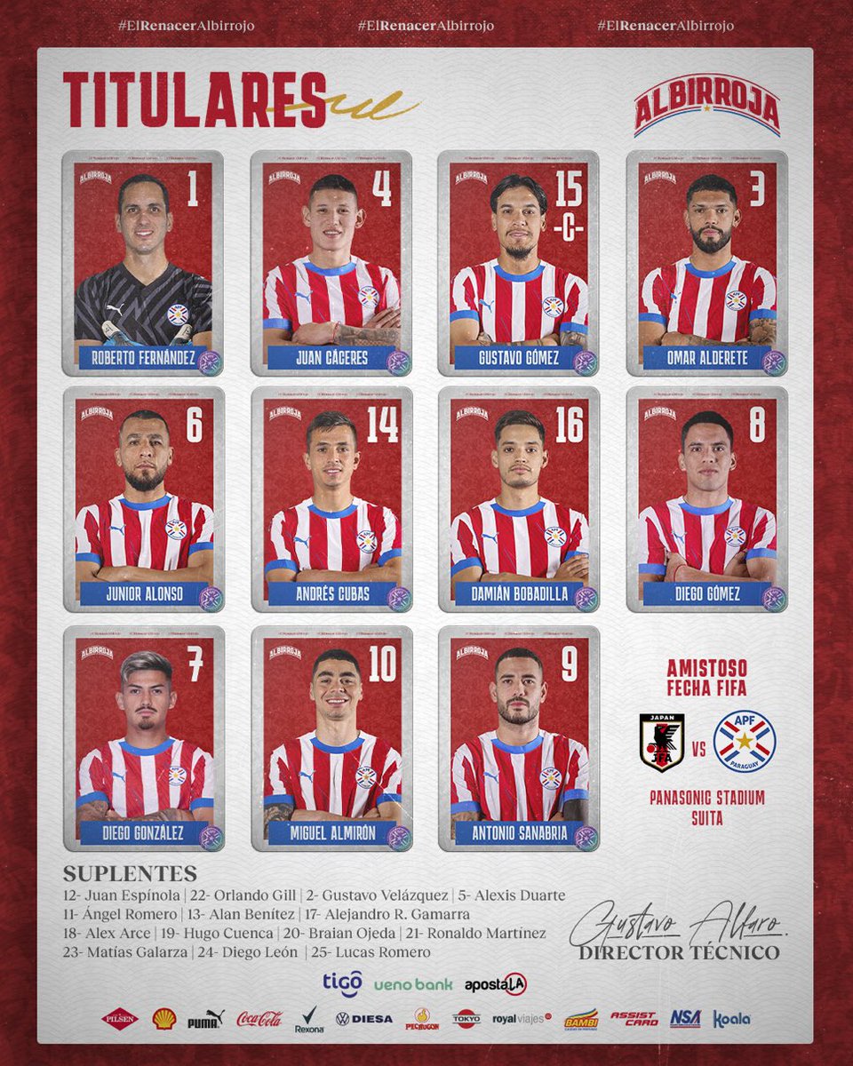 11kevindaniel's tweet image. ⚽️📝 Alineaciones confirmadas de Japón y la #Albirroja 🇵🇾 para el encuentro que será en Osaka.