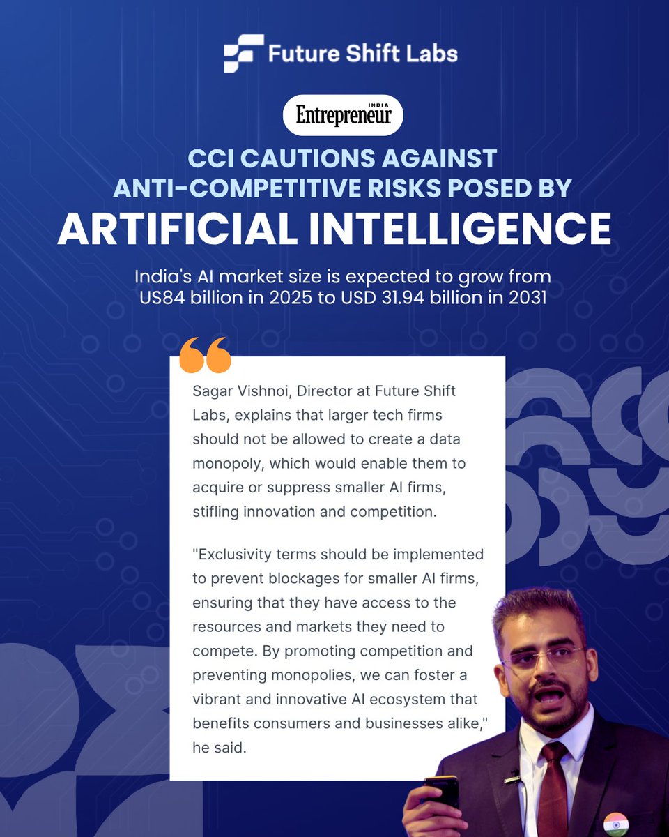 Future Shift Labs (@futureshiftlabs) on Twitter photo Our Co-founder <a href="/sagarvishnoi/">Sagar Vishnoi</a> was quoted in <a href="/EntrepreneurIND/">@EntrepreneurInd</a> on how the <a href="/CCI_India/">CCI</a> is examining AI’s anticompetitive risks and why India needs frameworks that ensure innovation with fairness.
#AI #marketdynamics #AIregulation #AIindia #digitaleconomy #Innovation #techpolicy Our Co-founder <a href="/sagarvishnoi/">Sagar Vishnoi</a> was quoted in <a href="/EntrepreneurIND/">@EntrepreneurInd</a> on how the <a href="/CCI_India/">CCI</a> is examining AI’s anticompetitive risks and why India needs frameworks that ensure innovation with fairness.
#AI #marketdynamics #AIregulation #AIindia #digitaleconomy #Innovation #techpolicy