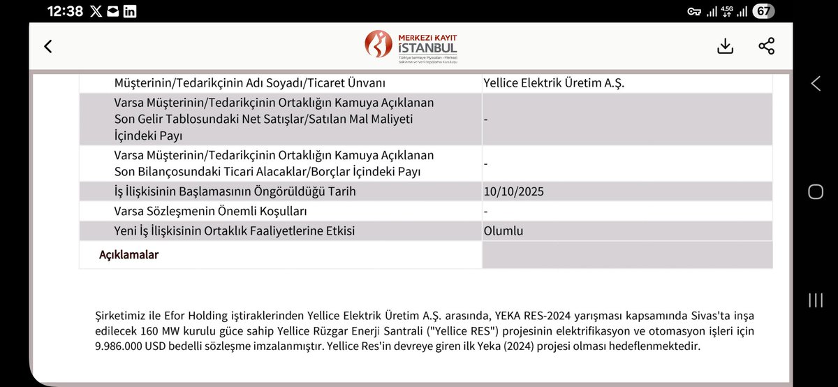 #yeotk
📢Yellice Elektrik Üretim ile Sivas'ta inşa edilecek 160 MW kurulu güce sahip Yellice RES projesinin elektrifikasyon ve otomasyon işleri için 9.986.000 USD bedelli sözleşme imzalandı.