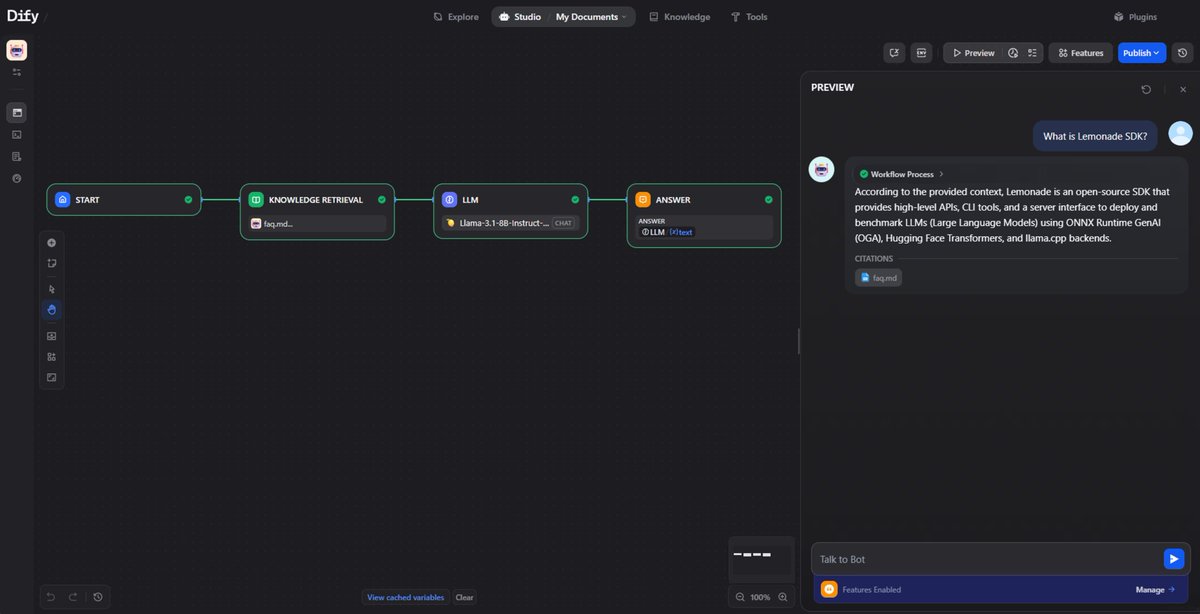 dify_ai's tweet image. Use case: Running LLMs locally on AMD Ryzen AI PCs
 
Lemonade Server lets you run LLMs directly on @AMD  Ryzen AI PCs with built-in acceleration for better performance. 

Pair it with Dify to build AI workflows visually without needing machine learning expertise. Everything runs…