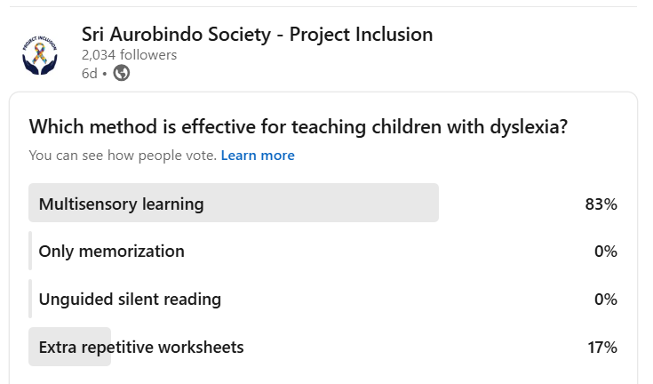 SAS_ProjectInc's tweet image. 📢 Poll Results Are In!

Q: Which method is effective for teaching children with dyslexia?

✅ A. Multisensory learning 

Multisensory learning helps children understand, retain &amp;amp; apply better.

#ProjectInclusion #DyslexiaAwareness #InclusiveEducation #TeachingStrategies