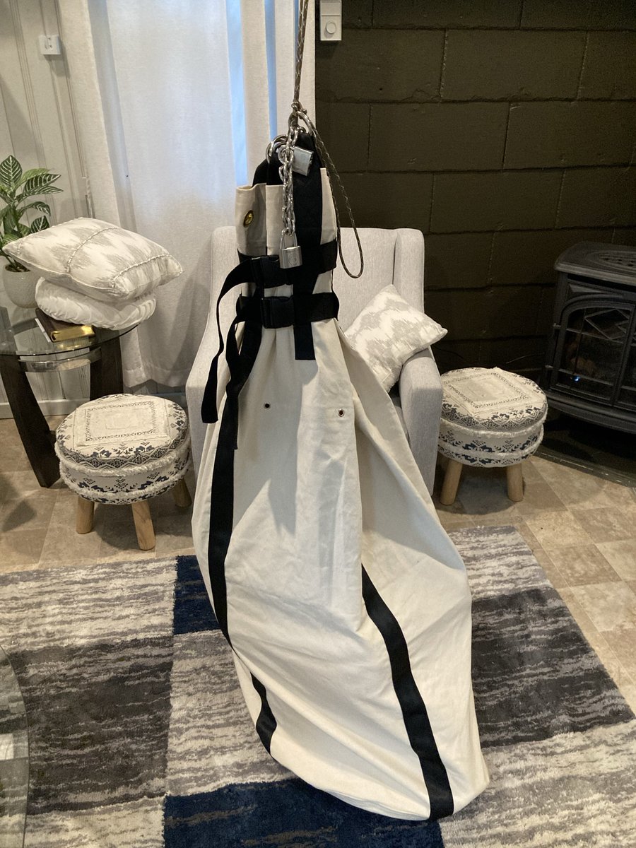 After some time struggling on the floor in the mailbag, Rotkapple tied it to the ceiling with me still inside it 🥴