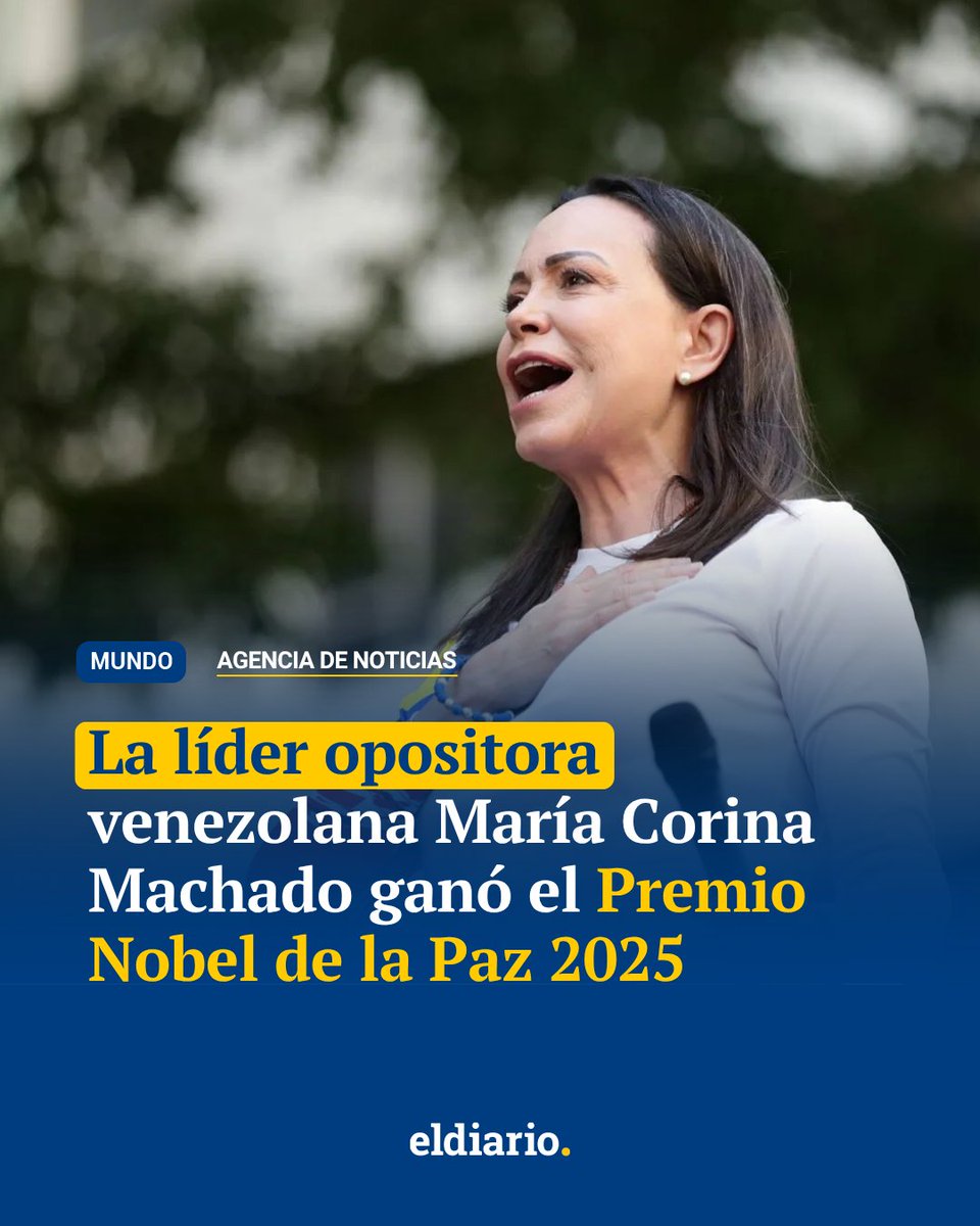 #10Oct | La líder opositora venezolana María Corina Machado gana el Premio Nobel de la Paz 2025 🇻🇪

La líder opositora venezolana María Corina Machado fue galardonada este viernes 10 de octubre con el Premio Nobel de la Paz 2025, anunció el Comité Noruego del Nobel.

El comité