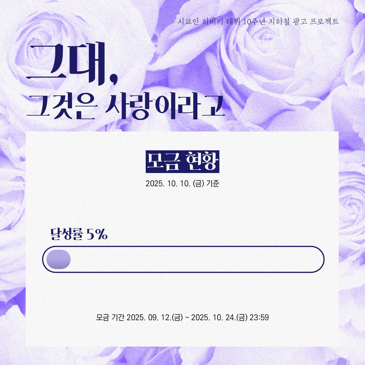 SKHB10th's tweet photo. 👑
시쿄인 히비키 데뷔 10주년 비공식·비영리 지하철 광고 프로젝트 모금 현황 안내

현재 목표의 5%를 달성했습니다.

함께 해주신 모든 분께 감사드립니다.
마감일인 10월 24일 금요일까지 잘 부탁드립니다. https://t.co/NNJRpHzPBM
