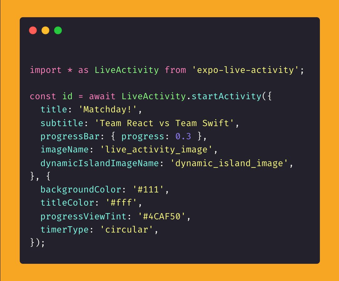 ReactNativeRwd's tweet image. 𝗟𝗶𝘃𝗲 𝗔𝗰𝘁𝗶𝘃𝗶𝘁𝗶𝗲𝘀 𝗶𝗻 𝗥𝗲𝗮𝗰𝘁 𝗡𝗮𝘁𝗶𝘃𝗲 — 𝗻𝗼𝘄 𝗽𝗼𝘀𝘀𝗶𝗯𝗹𝗲 (𝘄𝗶𝘁𝗵 𝗹𝗶𝗺𝗶𝘁𝘀) 𝘁𝗵𝗮𝗻𝗸𝘀 𝘁𝗼 𝗲𝘅𝗽𝗼-𝗹𝗶𝘃𝗲-𝗮𝗰𝘁𝗶𝘃𝗶𝘁𝘆.
Software Mansion just dropped a new Expo-compatible package that makes it ridiculously easy to trigger 𝗶𝗢𝗦…