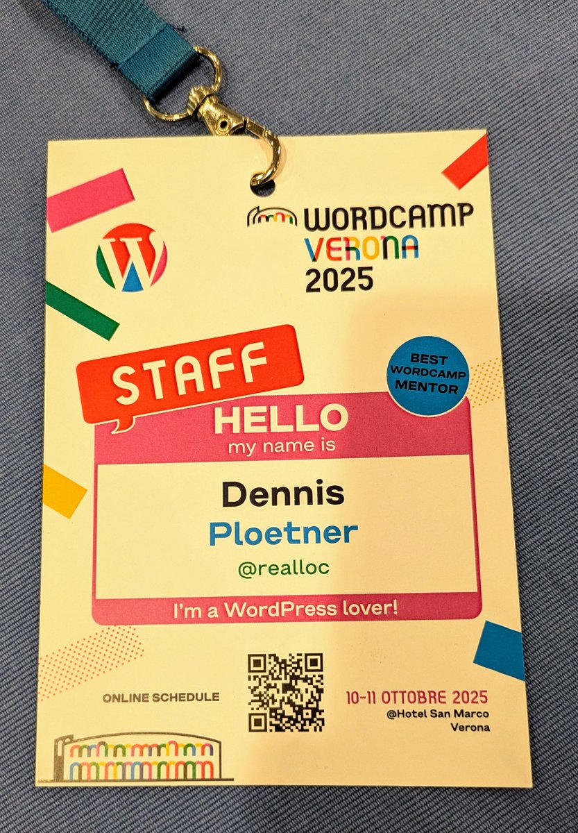 realloc's tweet image. Got another performance review early this year 😄
Apparently, I’m “Best WordCamp Mentor”! 💚 

Ready for an amazing #WordCampVerona 2025 weekend with the team!
#WordPress #WCVRN #WordCamp @wordcampverona