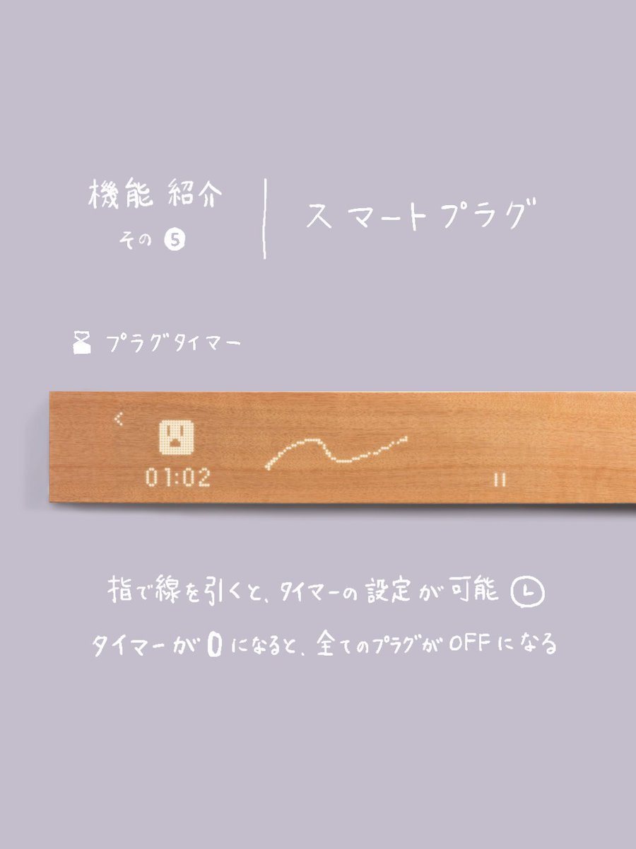 🔌 スマートプラグ
#muiボード機能紹介

スマートプラグを介して、
幅広い家電を操作できます。

スマートプラグとは、コンセントに挿すだけで
Wi-Fi非対応の照明や扇風機などでも
オン・オフできるデバイスです。

リモコンをmuiボードに集約することで、
探す手間がなくなり、空間も美しく整います。
