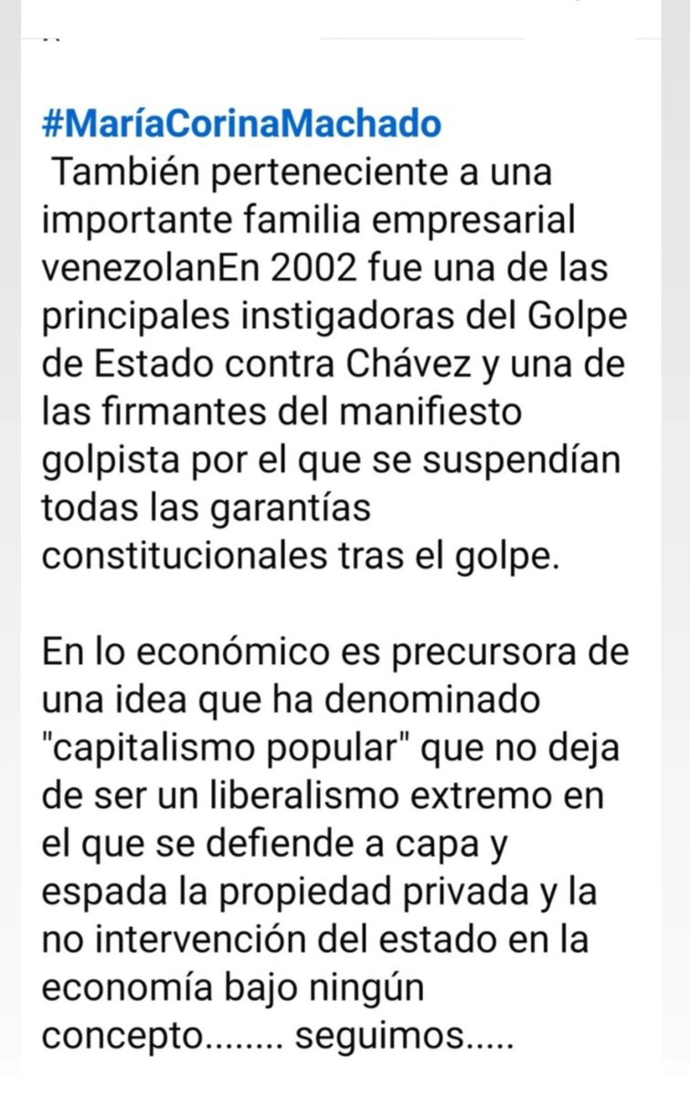 <a href="/PabloIglesias/">Pablo Iglesias 🔻{R}</a> Exacto.
Nobel de la Paz a una fascista que siempre ha estado intentando dar Golpes de Estado ,no respetando las urnas.
Quieren ir a saquear Venezuela,sus recursos.