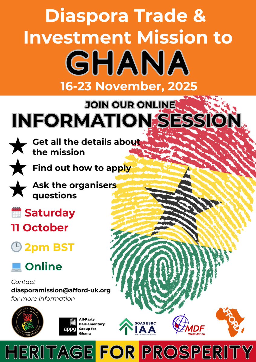 📢 Join our online information session, TOMORROW, Saturday, 11 Oct, with our colleague Kirstie Kwarteng.

Learn about AFFORD Diaspora Trade &amp; Investment Mission to Ghana, happening 16–23 Nov 2025. Register: us06web.zoom.us/webinar/regist…