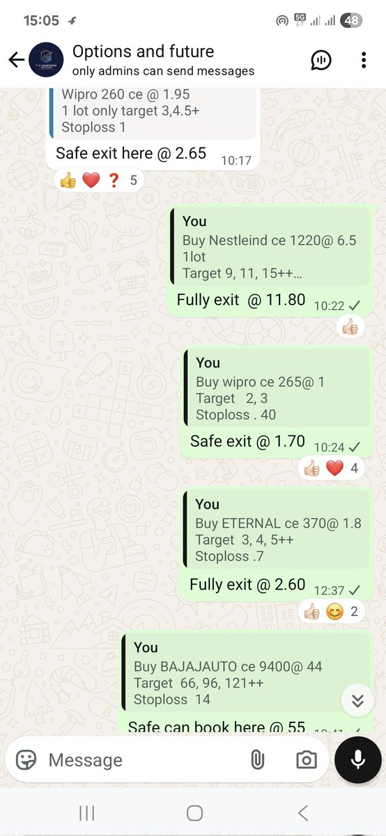 Surendraanalyst's tweet image. Today #premium_group 9 options call hit.
Total this month 31 option call hit (7 trading session )
#Wipro 260 Ce 1.95 to 2.65 
#WIPRO 265   ce 1 to 2.7
#Nestleind ce 6.5 to 11.80
#ETERNAL ce 1.80 to 2.6
#BAJAJAUTO  ce 44 to 55
#Nifty ce  70 to 93 
#nifty ce 123 to 165 
#GODREJPROP…