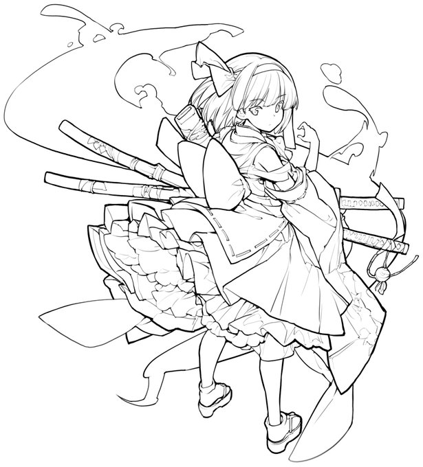 艶服妖夢の線画、甲(左)と乙(右)😊 