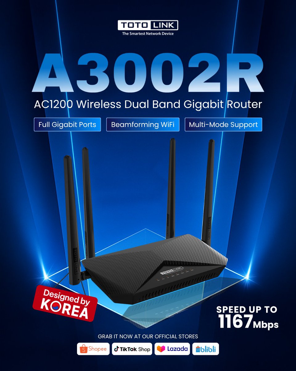 totolinkID's tweet image. WiFi lemot? Saatnya upgrade ke router yang bisa diandalkan! 🚀
TOTOLINK A3002R hadir dengan kecepatan hingga 1167Mbps dan fitur lengkap untuk koneksi super stabil di rumah kamu.
💡 Full Gigabit Ports
📶 Beamforming WiFi
🔁 Multi-Mode Support

Solusi Koneksi Stabil #Totolink