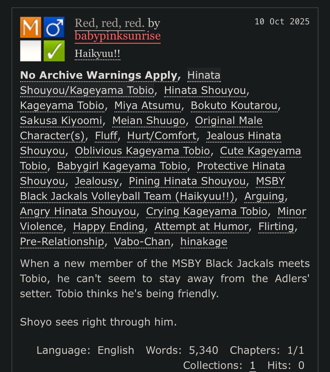 babypinksunrise's tweet image. HinaKage Week Day 6: Hurt/Comfort

i hope you guys enjoy jealous shoyo 🤭

archiveofourown.org/works/72218106

#hinakage #HnKgWeek2025 @HinaKageWeek