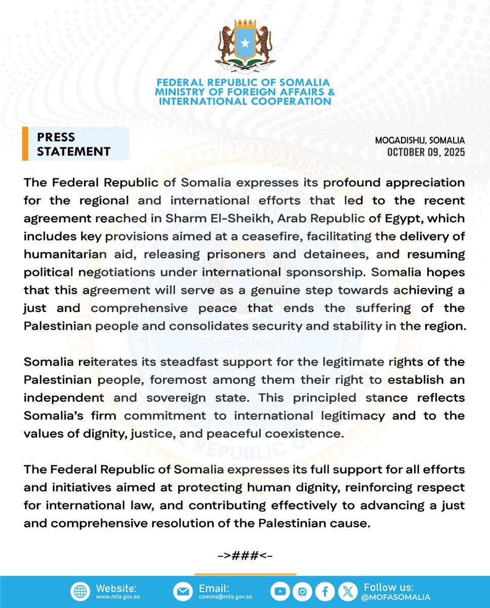 #Somalia expresses its full support for all efforts &amp; initiatives aimed at protecting human dignity, reinforcing respect for international law, and contributing effectively to advancing a just &amp; comprehensive resolution of the #Palestinian cause.
🔗➡t.me/MofaSomalia/62…
#Gaza