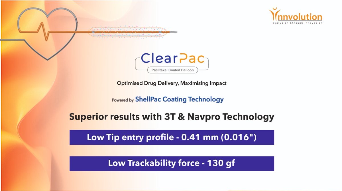 InnvolutionH's tweet image. Clearpac -  Superior Results with 3 T and Navpro Technology  

🔹Low Tip Entry profile -0.41 mm (0.016") - Ensures smooth lesion entry and easier crossability
🔹Lowest Tracking force - 130 gf 

#Innvolution #ClearPac #SuperiorResults #DrugCoatedBalloon #3TNavprotechnology