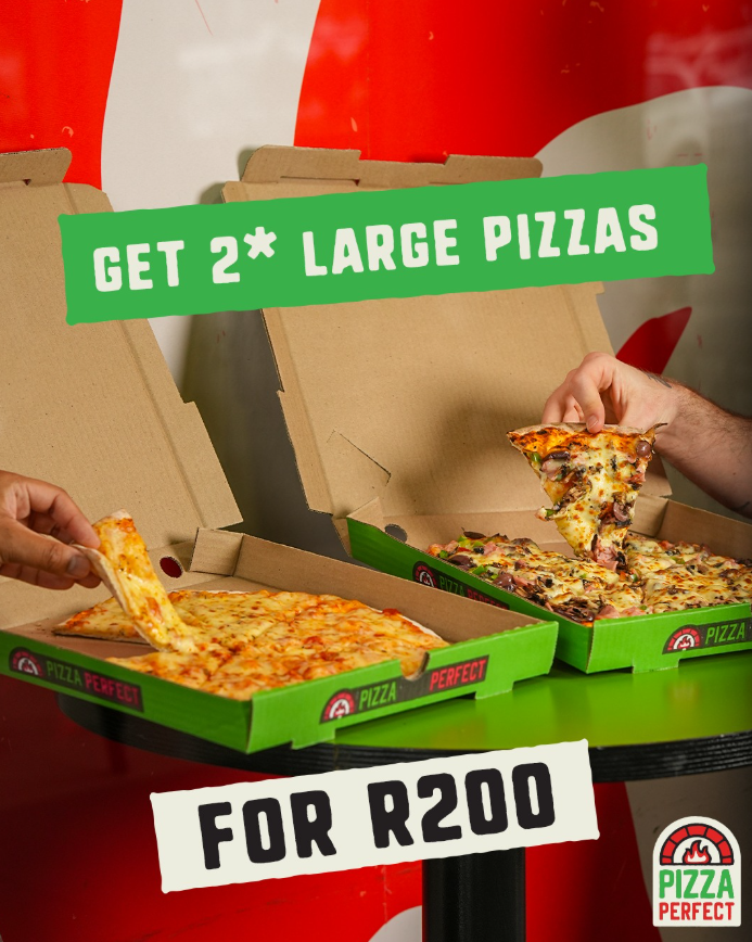zevenviewcentre's tweet image. Sink your teeth into not 1, but 2 selected Large Pizzas for only R200 at #PizzaPerfect 🍕😋

*Flavours include:
•Chicken Livers
•Vegetarian
•Bacon &amp;amp; Banana
•Pepperoni
•Hawaiian
•Regina
•Mafiosa
•Tiri
•Geroni
•Margherita

Ts &amp;amp; Cs Apply | Available until 22 Oct