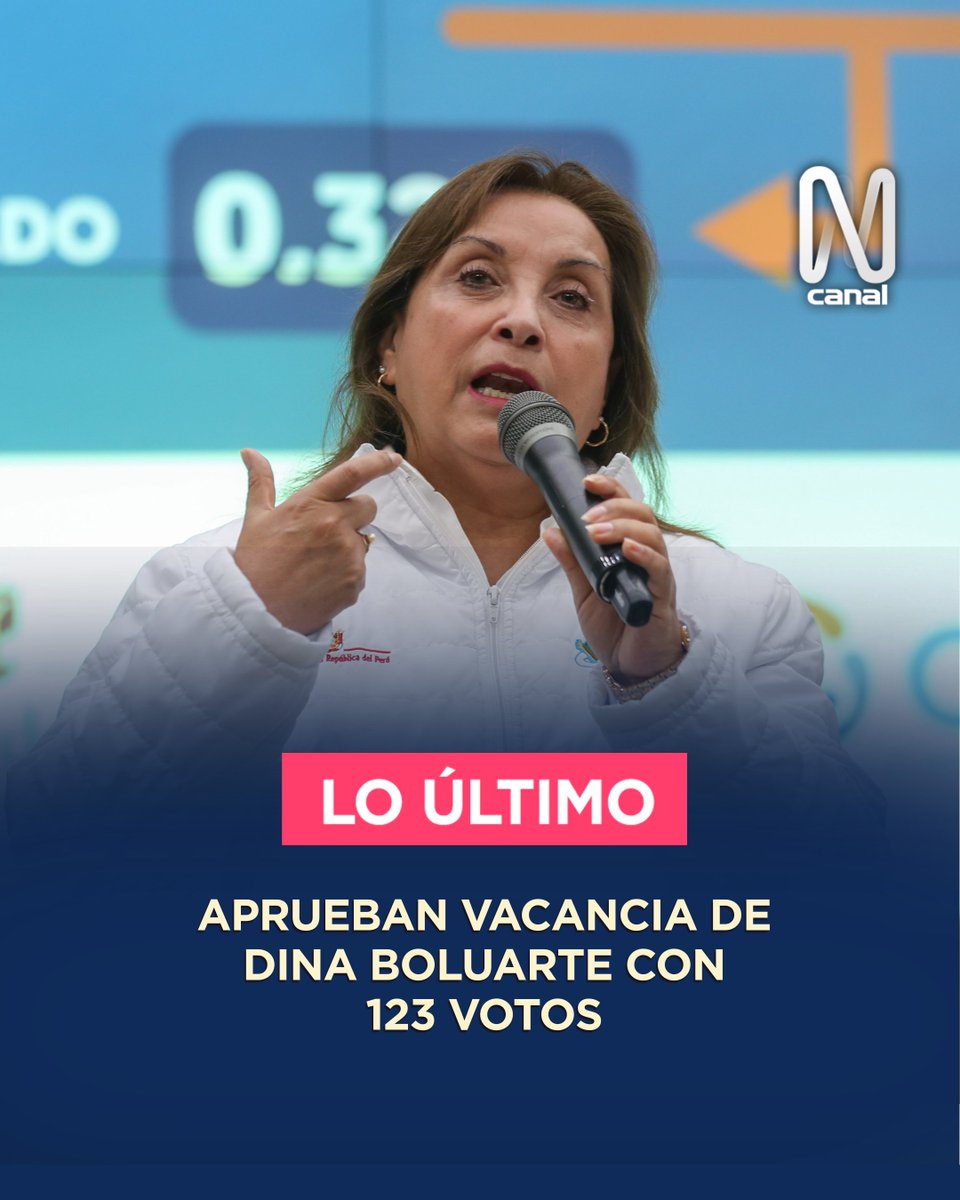 canalN_'s tweet photo. #LoÚltimo
Con 123 votos, el Congreso destituyó a Dina Boluarte por permanente incapacidad moral. La Mesa Directiva coordina pasos para su reemplazo y se preparan los documentos para notificar formalmente la vacancia

Mantente informado en la WEB ► https://t.co/QTAt5w7uQw https://t.co/NrUo7XVxRk