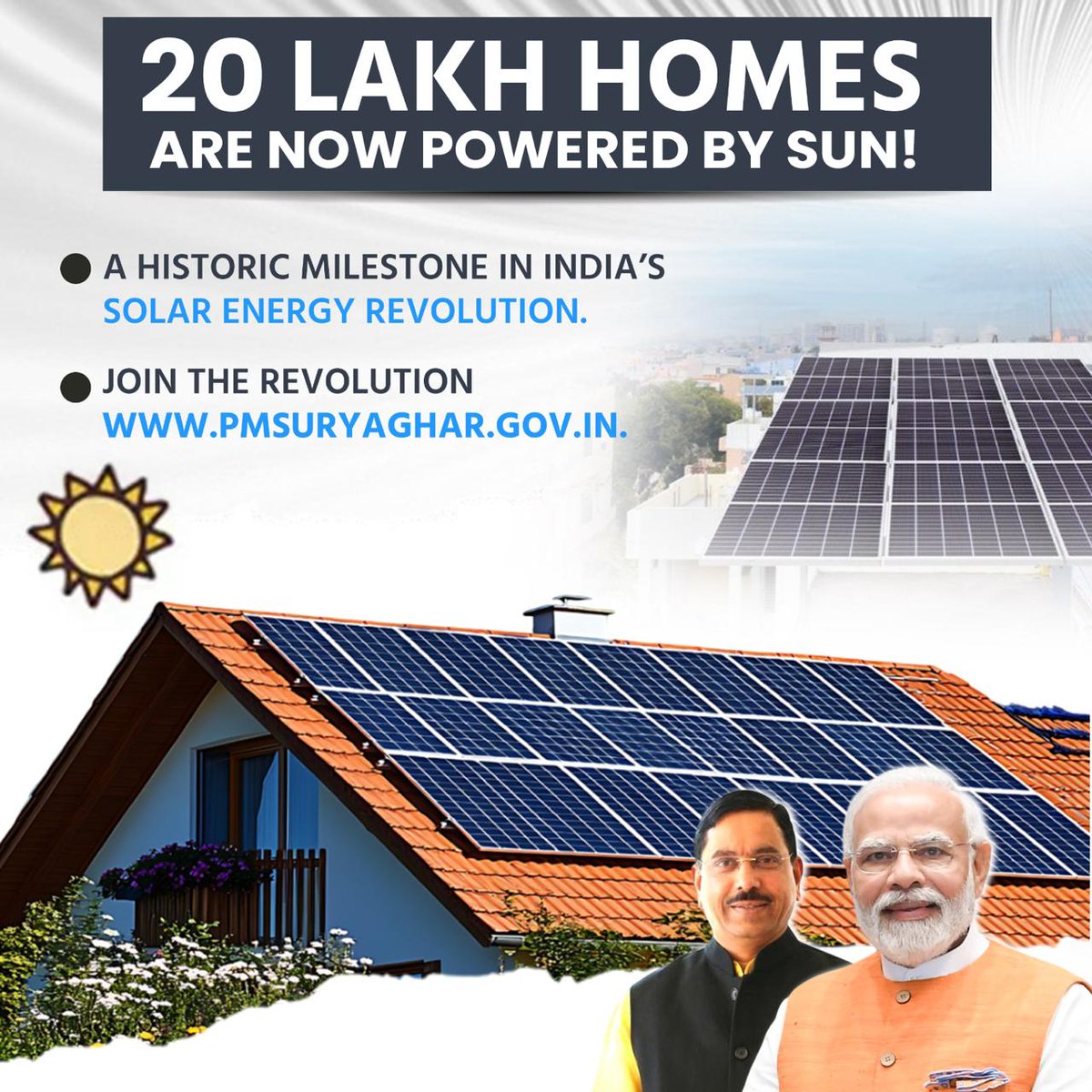 PMSuryaGhar's tweet image. 20 lakh families have bid farewell to high electricity bills. Thanks to @PMSuryaGhar Muft Bijli Yojana, with subsidies up to ₹78,000, solar panels are lighting up homes across India. 

#20LakhsForPMSuryaGhar #PMSuryaGhar #MuftBijliYojana #SuryaGharSavings 

@mnreindia @RECLindia