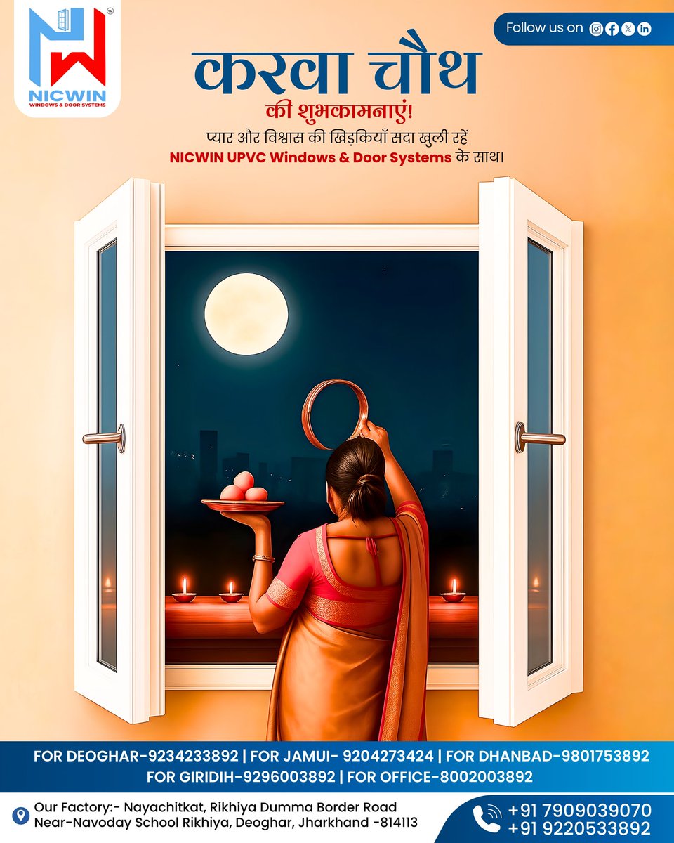 NicwinSystems's tweet image. As the moon graces the sky and love fills the air, let every Nicwin window frame moments of togetherness and happiness 🌕
💫 Wishing you a blissful and love-filled Karwa Chauth!
📲WhatsApp us at: +91 7909039070 | +91 9220533892
#NicwinWindows #KarwaChauth #FramingLove