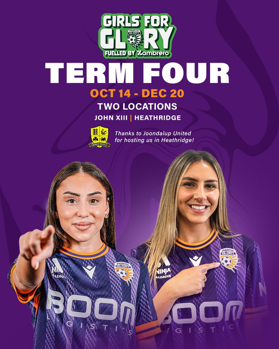 PerthGloryFC's tweet image. ⚽ Term 4 is almost here and our community programs are back! 💜

🏆 Glory Football Foundations
🌟 Girls for Glory
🔥 Glory Development Centre

Learn the Glory way this term and take your game to the next level 🙌
👉 Register now: bit.ly/3KNOd7X  
#ONEGlory