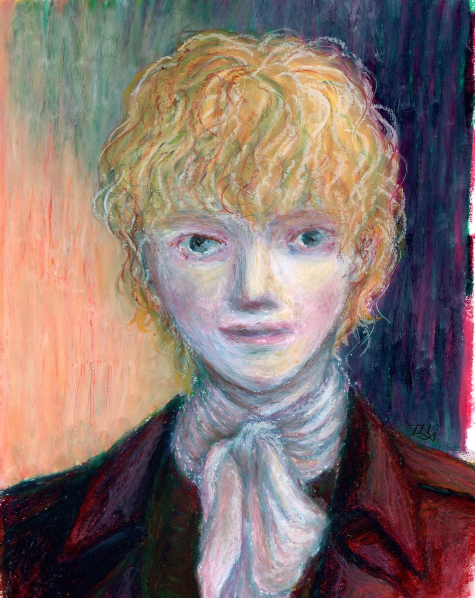 tamakiningyo's tweet image. 面白そうなので参加させていだたきます。 

古い時代の西洋男子の肖像画っぽく描いた作品です。
自作小説の登場人物になる予定でしたが、作品をボツにしたので供養もかねて公開しました。 

使用した画材： 
#ぺんてる #アートクレヨン 8色 
#オリオン #バロンケント A4