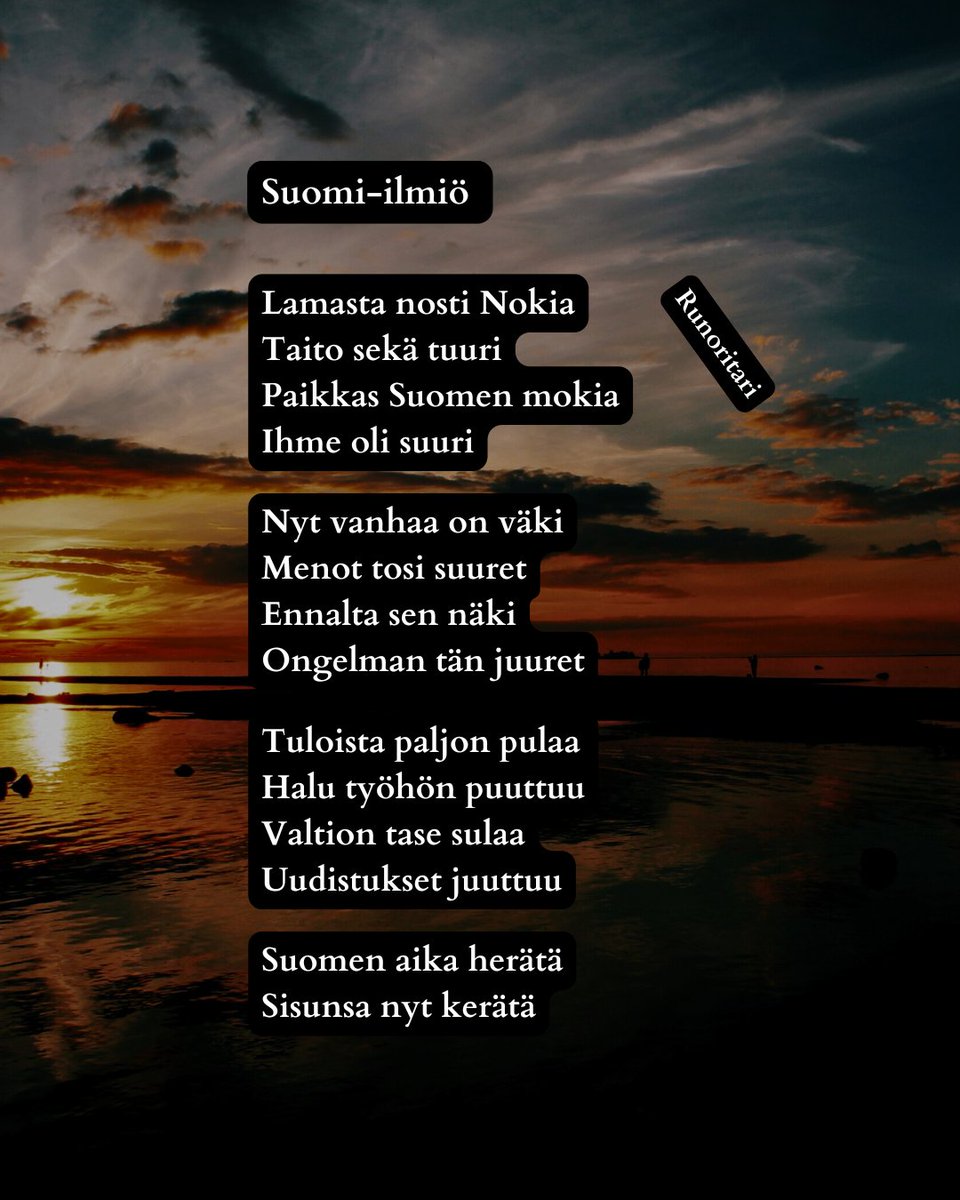 Lupasin laittaa tänään tasatunnein Suomea ja suomalaisia käsitteleviä runoja. Tässä ensimmäinen, joka on nimeltään Suomi-ilmiö. Olkaapa hyvät!