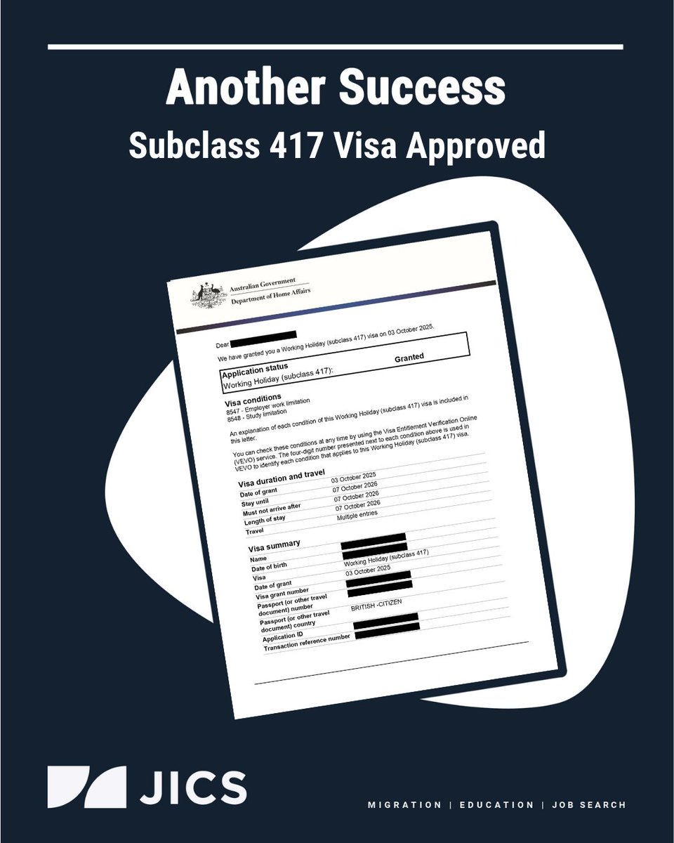 jicsaustralia's tweet image. Another Subclass 417 Visa approved!
Congratulations to our client on this exciting new chapter. Your Australian journey starts here 🇦🇺
📧 migration@jics.com.au | ☎️ +61432859576
#VisaSuccess #JICSAustralia #MigrationMadeSimple

MARN: 2218006