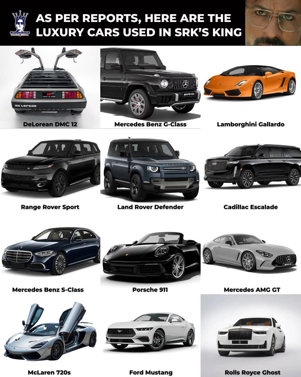 🚘✨ From timeless classics to modern beasts — King Shah Rukh Khan's upcoming film #King is all set to take luxury on wheels to the next level! 🔥👑

Here are some of the stunning rides/luxury cars spotted in the movie:
DeLorean DMC 12 • Mercedes G-Wagon • Lamborghini Gallardo