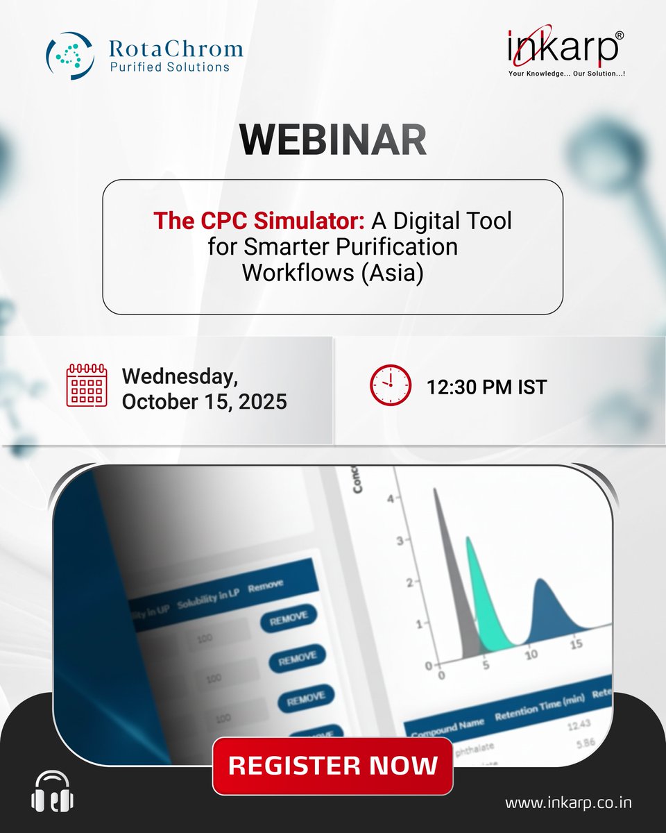 inkarpindia's tweet photo. ๐ Revolutionize your CPC purification! Join our CPC Simulator webinar to visualize runs, optimize solvent systems & predict the best CPC method.
๐
15 Oct 2025 | ๐ 12:30 PM | ๐ป Teams | 30-min live demo
#CPCSimulator #RotaChrom #LabResearch #ScientificWebinar #Chromatography https://t.co/KESMEmnyWJ