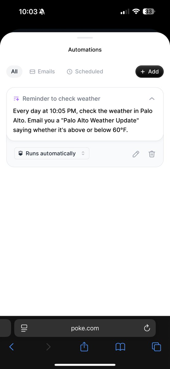 Abhi_k24's tweet image. Poke is the best personal AI product I've used so far. It works great for quick in the moment tasks, but they've also made setting up this workflows so seamless (added test sc's). Also, the onboarding process with the "Poke bouncer" was very entertaining lol @interaction