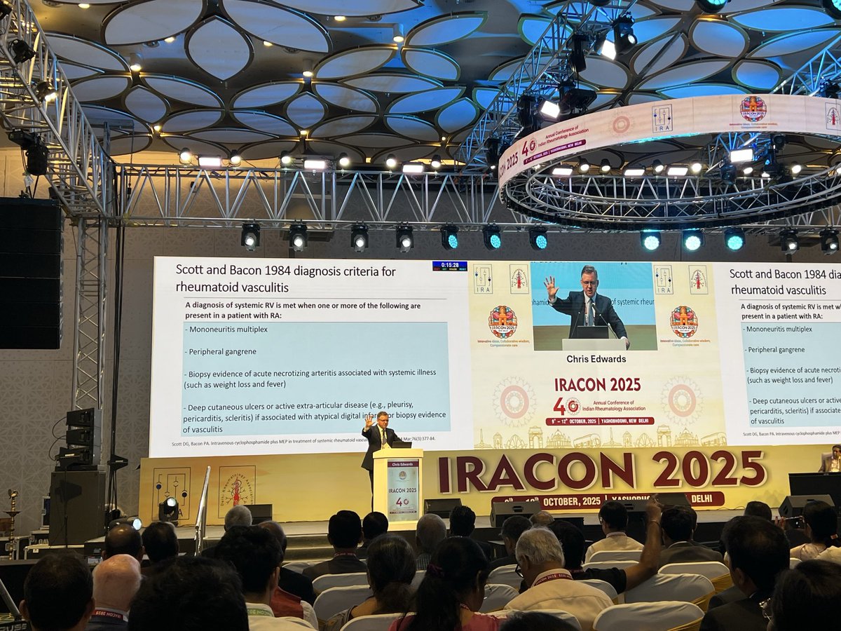 DurgaPrasannaM1's tweet image. Paul Bacon lecture by Prof @ChrisEdwardsRh at #IRACON2025 in New Delhi. A brilliant review of the clinical features, risk factors, Scott and Bacon criteria and management of this vanishing entity. He also presented the Indian experience presented at recent conferences. Key…