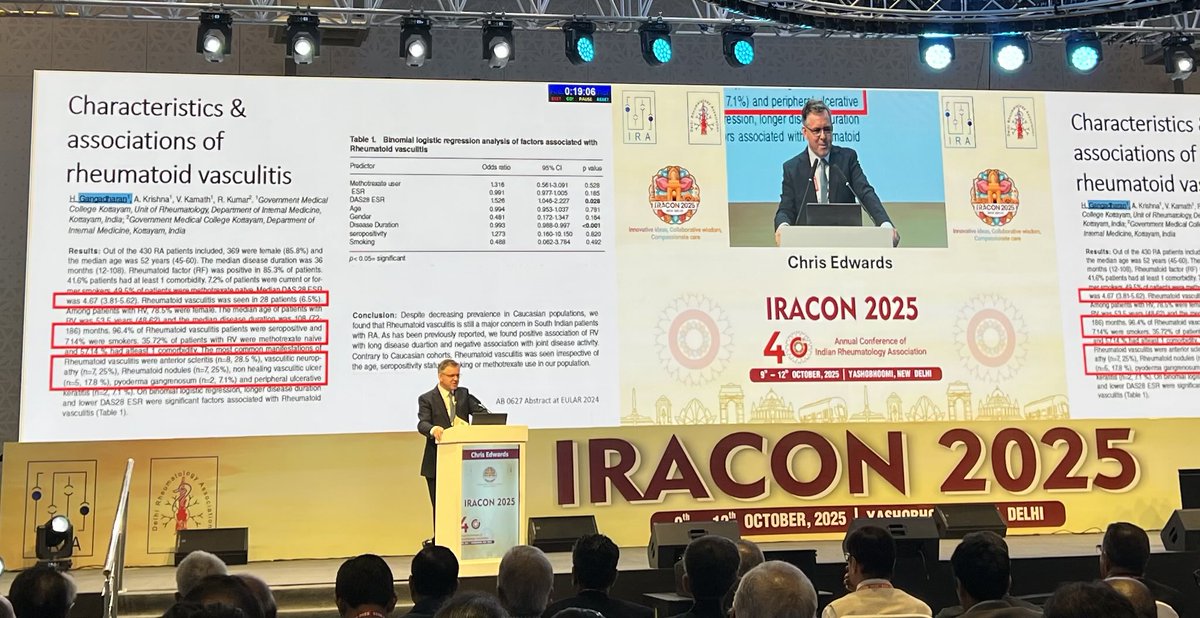 DurgaPrasannaM1's tweet image. Paul Bacon lecture by Prof @ChrisEdwardsRh at #IRACON2025 in New Delhi. A brilliant review of the clinical features, risk factors, Scott and Bacon criteria and management of this vanishing entity. He also presented the Indian experience presented at recent conferences. Key…